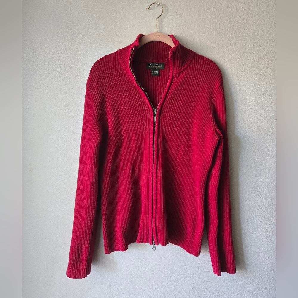 Eddie Bauer Mock Neck Full Zip Ribbed Sweater - Burgundy Red - Woman's L